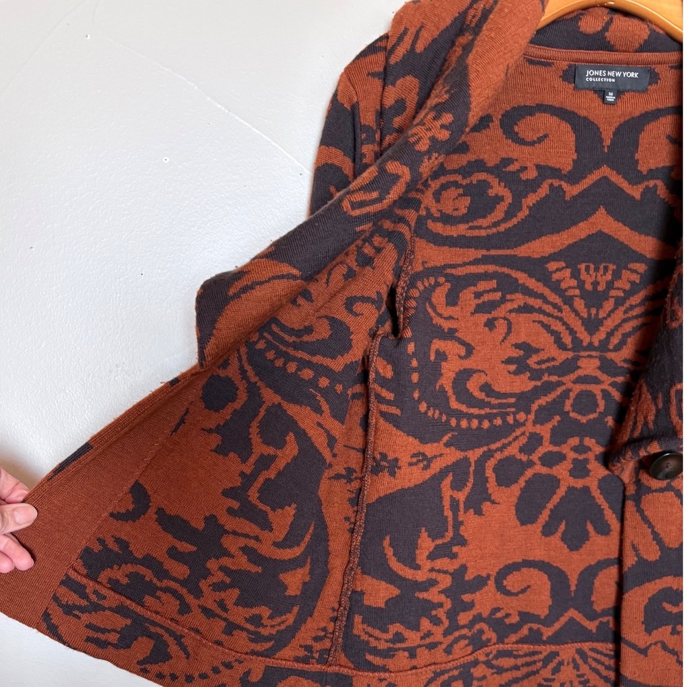 Jones New York Collection 100% Merino Wool Damask Cardigan Sweater Rust Brown M - Picture 4 of 9